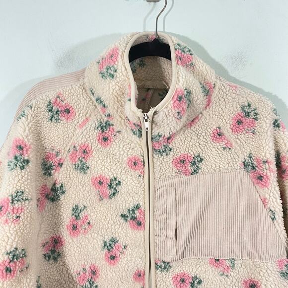 New In Women Cream Floral Print Corduroy Inserts Full Zip Sherpa Jackets Size M - Picture 3 of 9